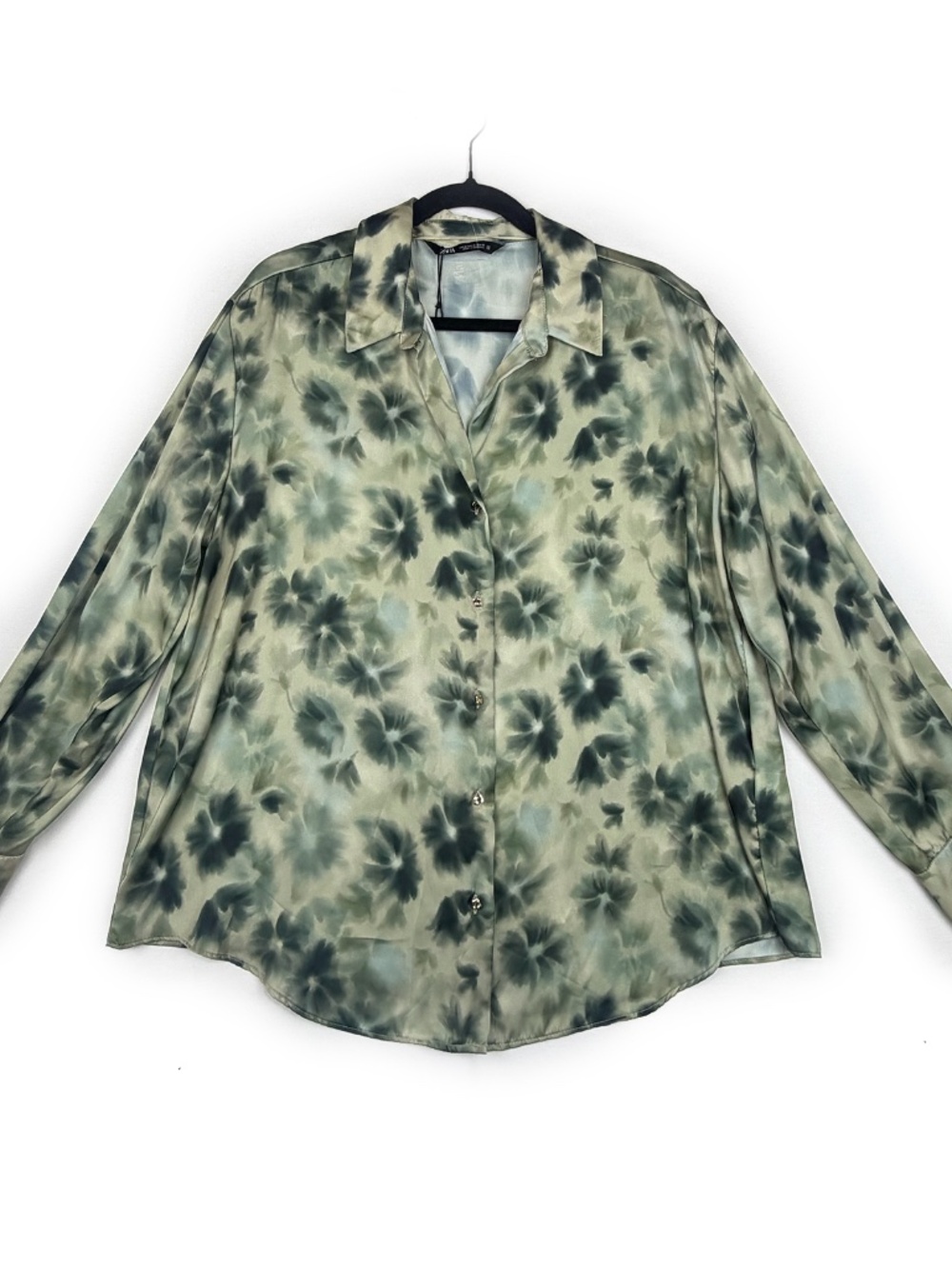 Share ZARA Green Floral Watercolor Satin Blouse Long Sleeve Button Up Shirt Top